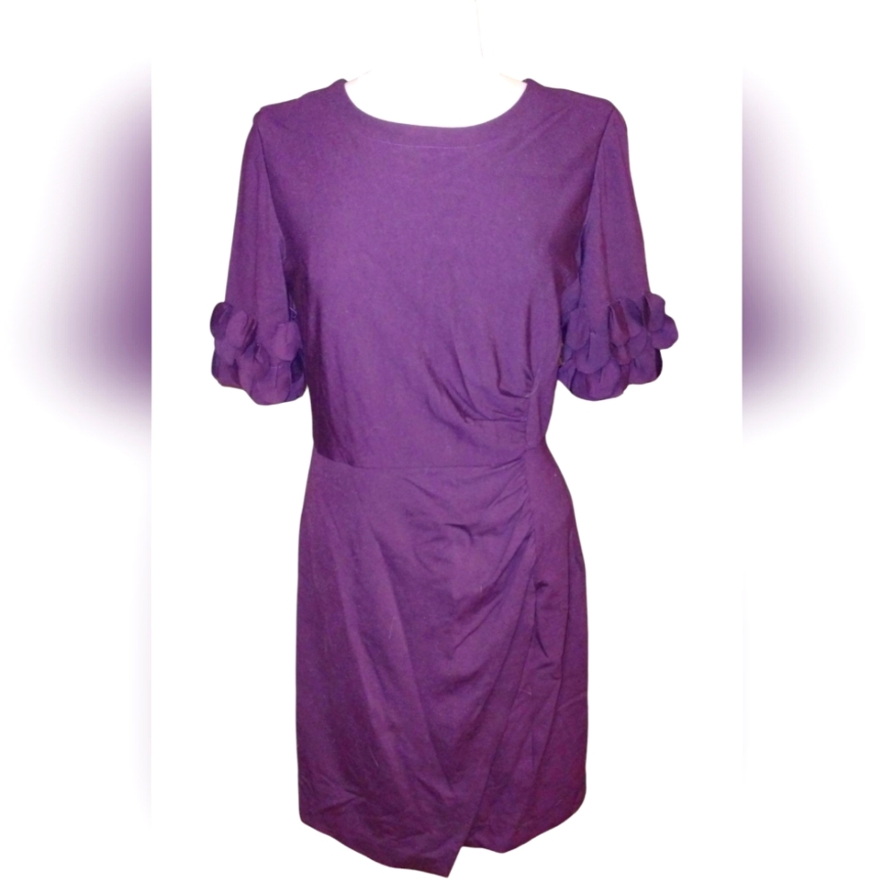 Taylor Elegant Purple Dress, Gathered Side Ruffle Short Sleeves, Viscose Blend